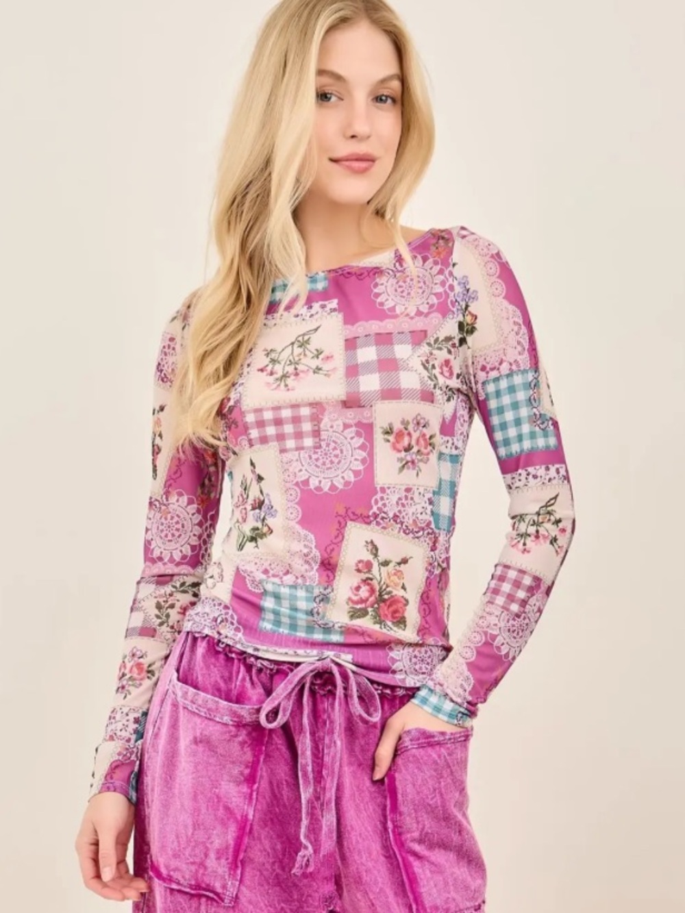 💕Women’s Long Sleeve Mesh Patchwork Pattern Floral Top - Picture 5 of 5